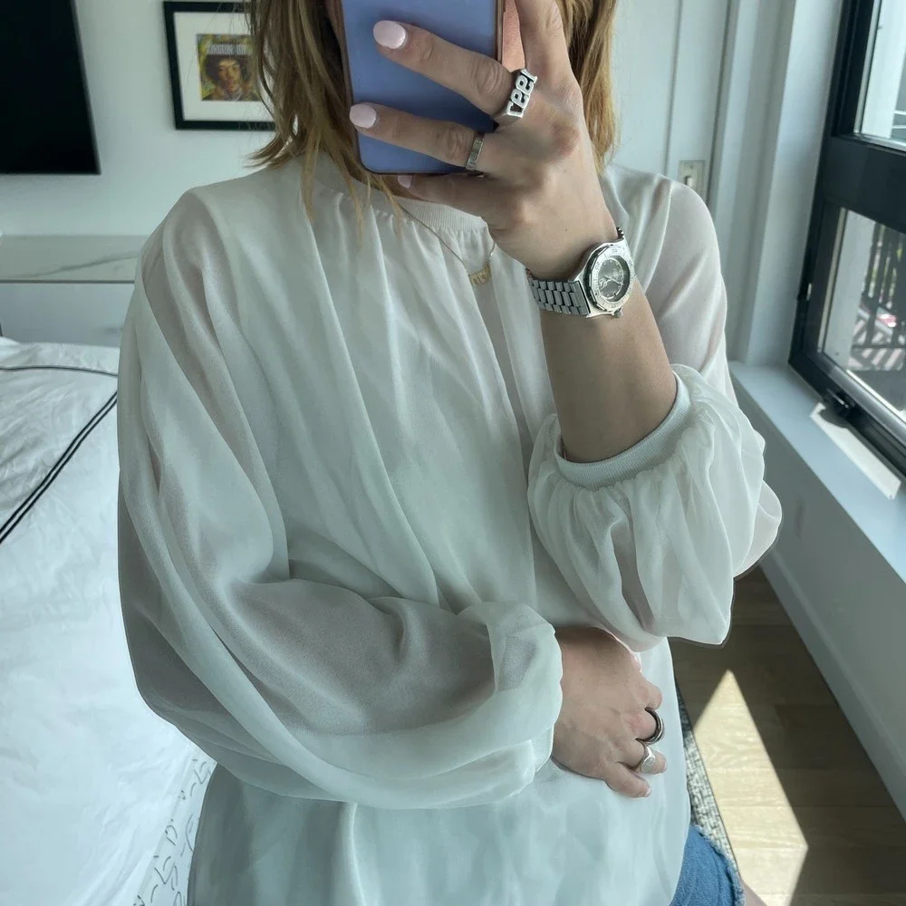 ZARA Flowy Longsleeve Sheer Blouse White Small - Picture 5 of 8